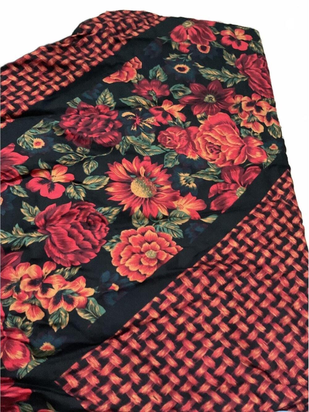 Vintage Floral and Basketweave Patterned Scarf /Shawl Triangle Double Layer